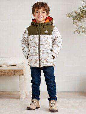 Snozu Boys Puffer Jacket Hooded Camo Fleece Lined Olive Orange Size 5